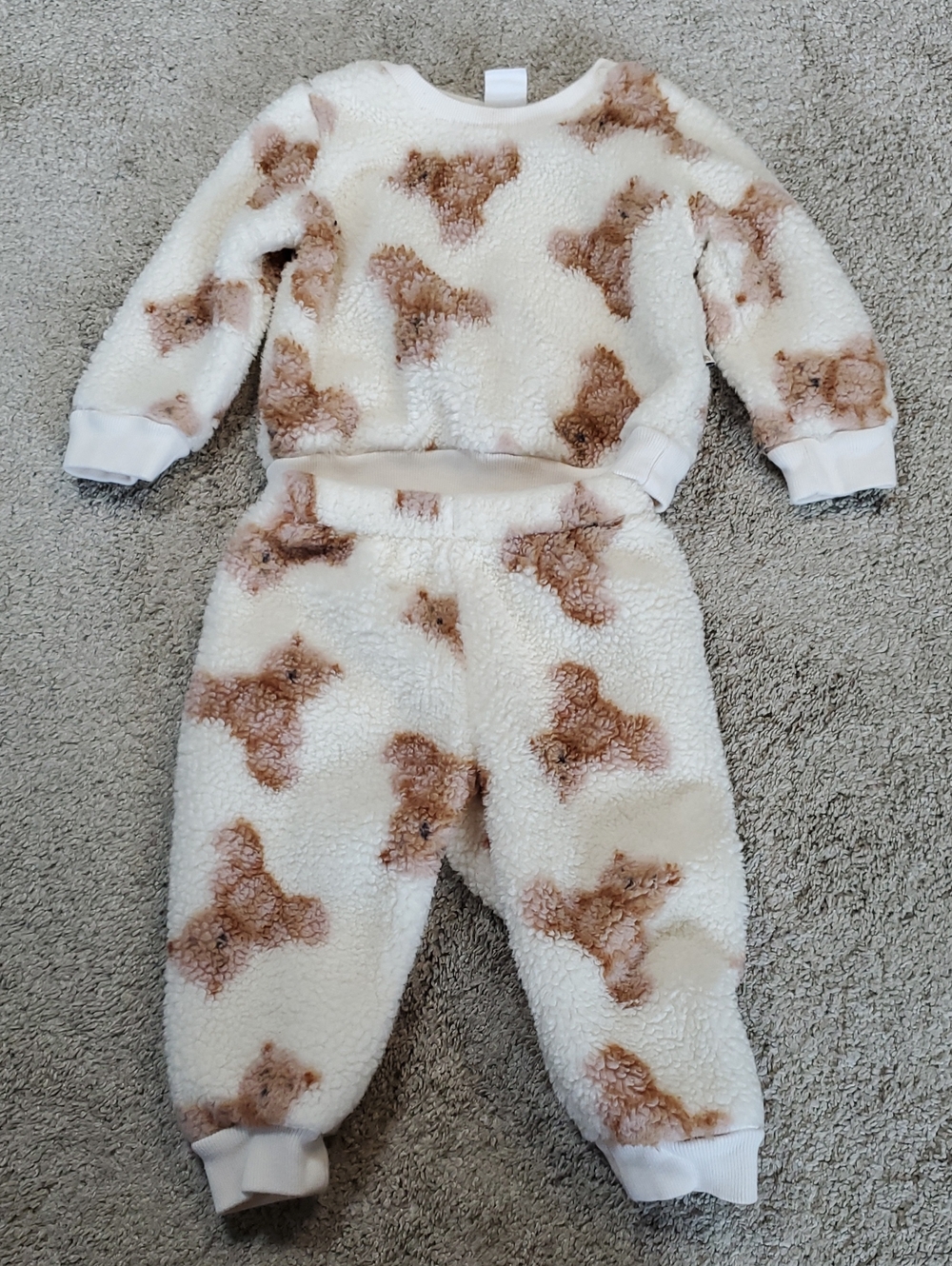 BABY GAP Cream Sherpa Outfit W/ Allover Brown Print Pattern. 6-12 Months